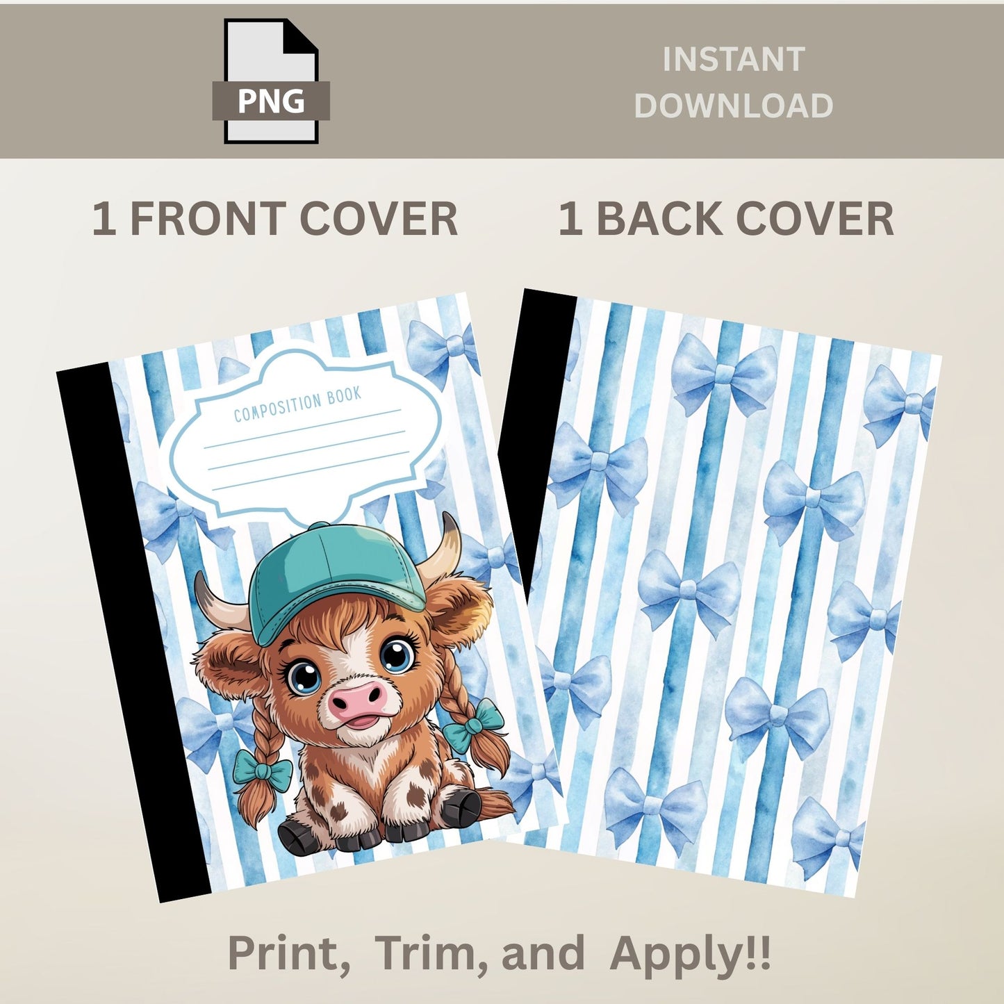 School Composition Notebook Custom Highland Cow with Blue Bows Digital File