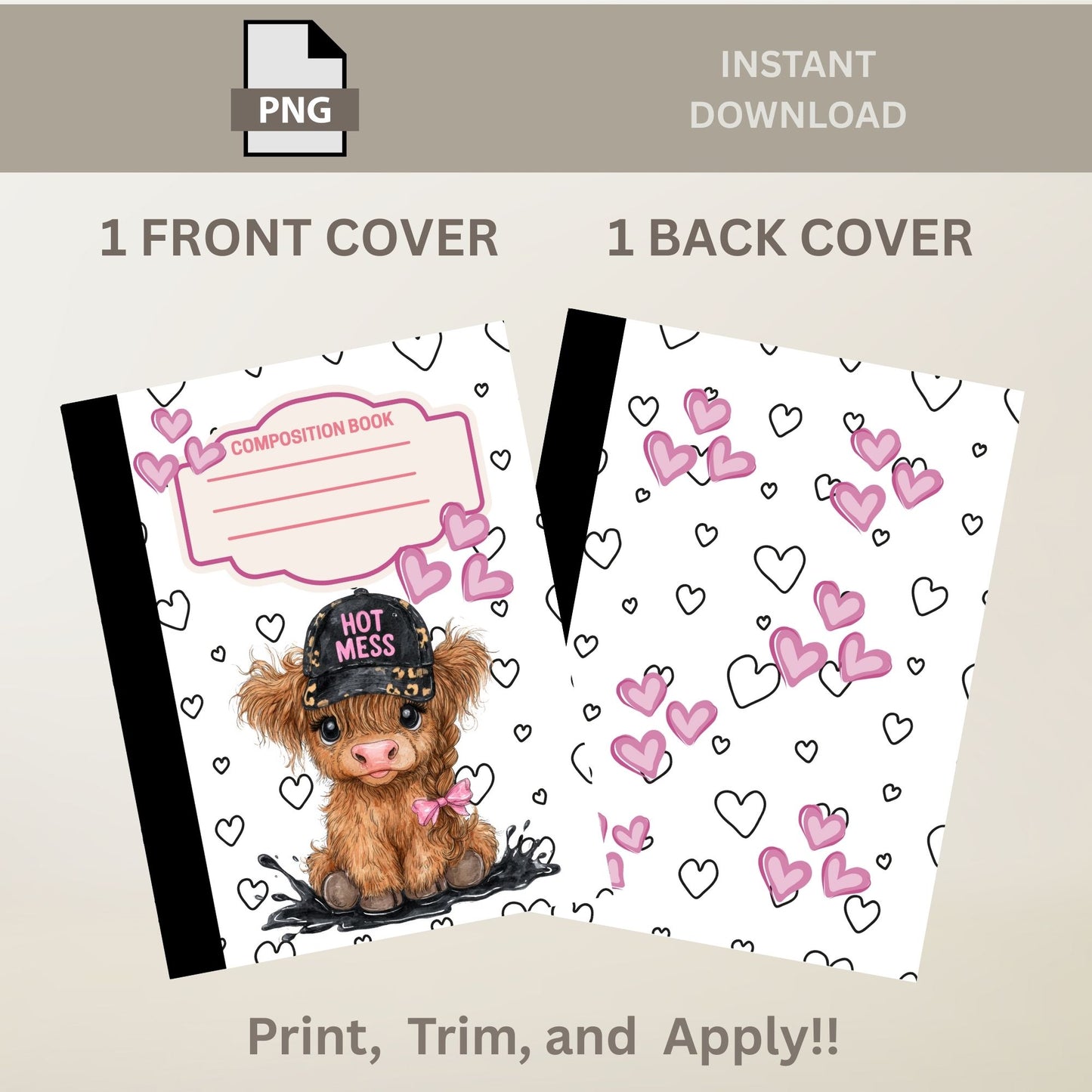 School Composition Notebook Custom Hot Mess Highland Cow Digital File