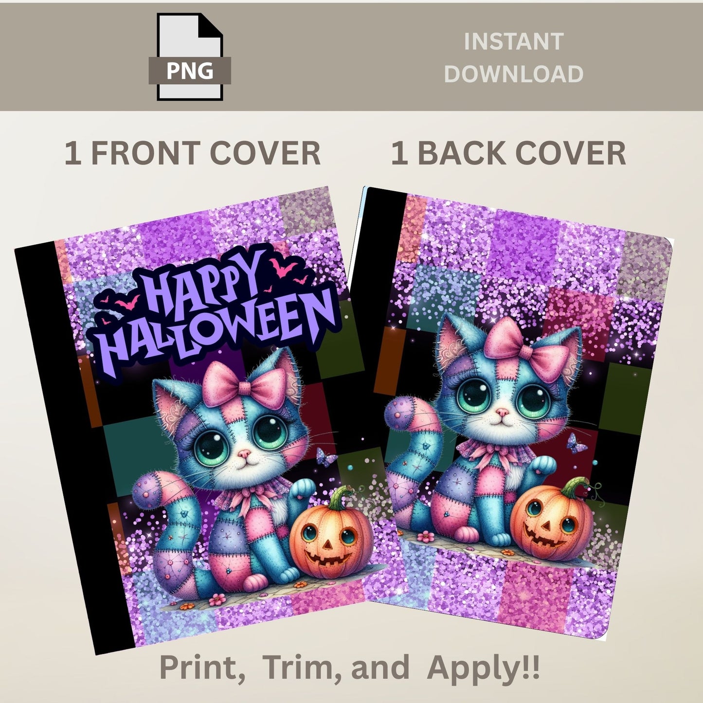 School Composition Notebook Custom Patchwork Cat Halloween Digital File
