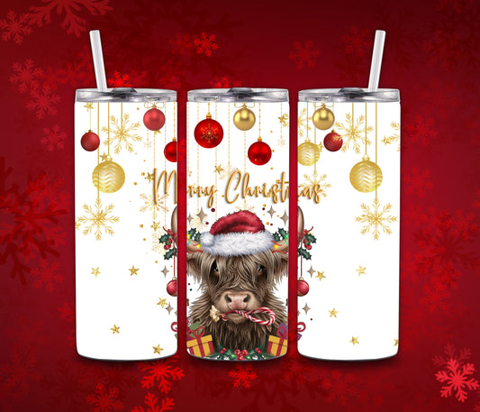 Merry Christmas Santa Heifer With Bulbs Tumbler Wrap PNG Digital File