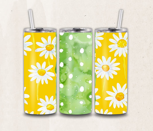 Yellow Floral Green Polka Dot Tumbler Wrap PNG, Floral Tumbler Wrap Digital File