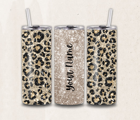 Leopard Print Tumbler Wrap PNG 20 oz Skinny Sublimation Sparkle Glitter Design Instant Digital Download