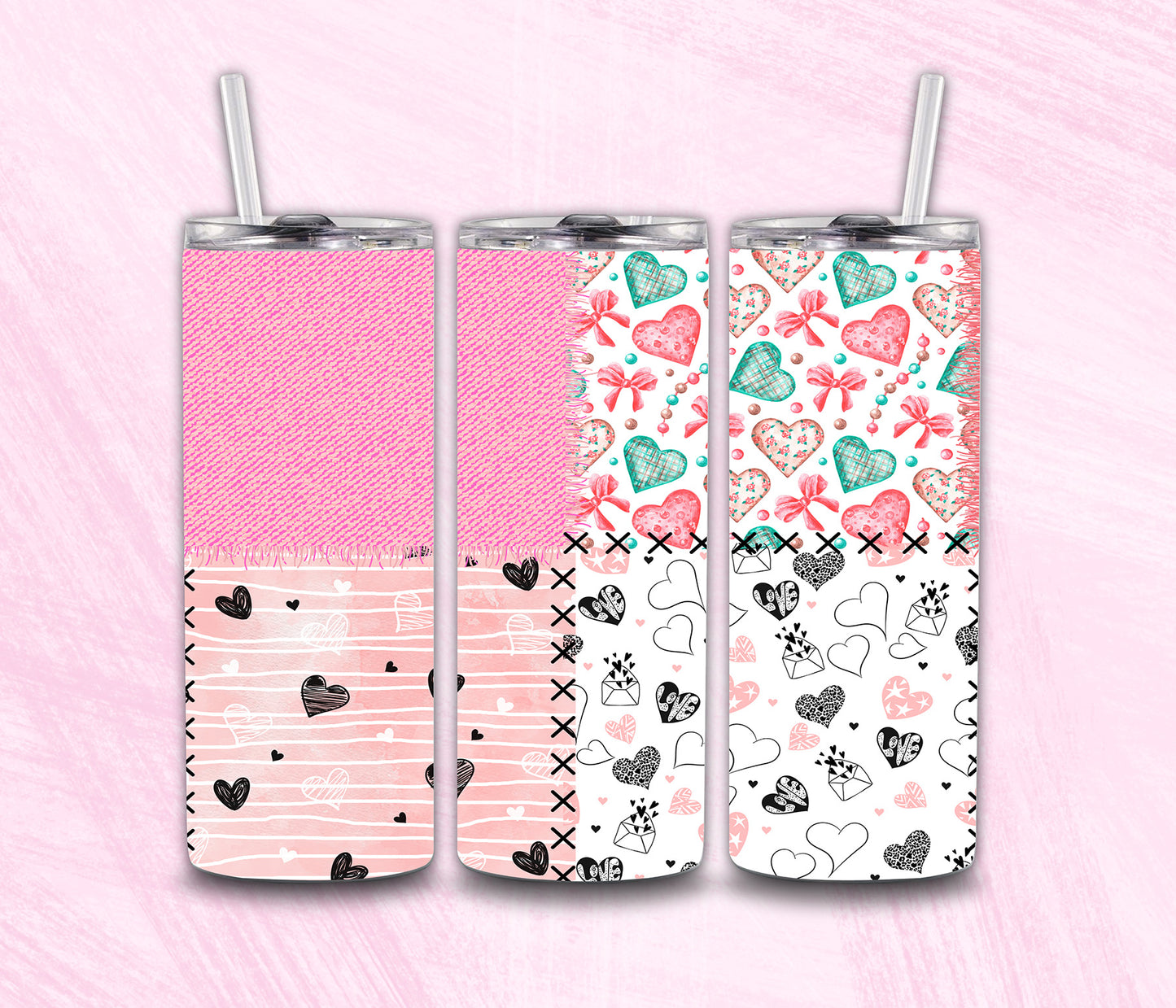 Patchwork Pink Heart Valentine Tumbler Wrap PNG Digital File | Digital Download