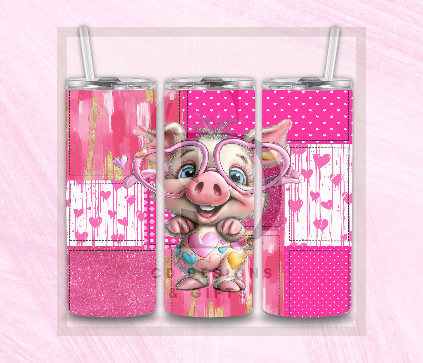 Patchwork Valentine Whimsical Pig Tumbler Wrap PNG Digital File | Digital Download