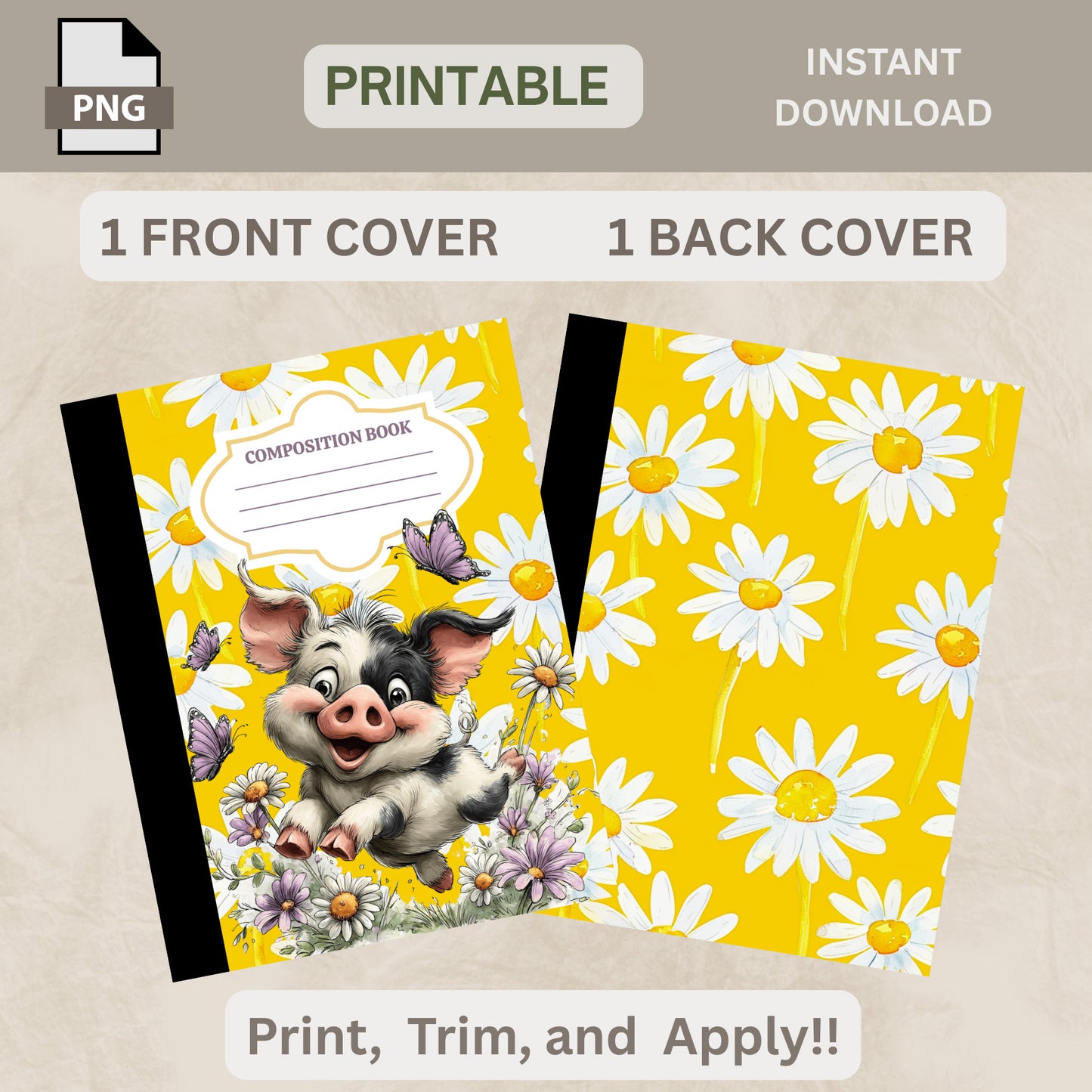 School Composition Notebook Custom Yellow Sunflower Pig PNG Digital File