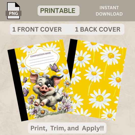 School Composition Notebook Custom Yellow Sunflower Pig PNG Digital File
