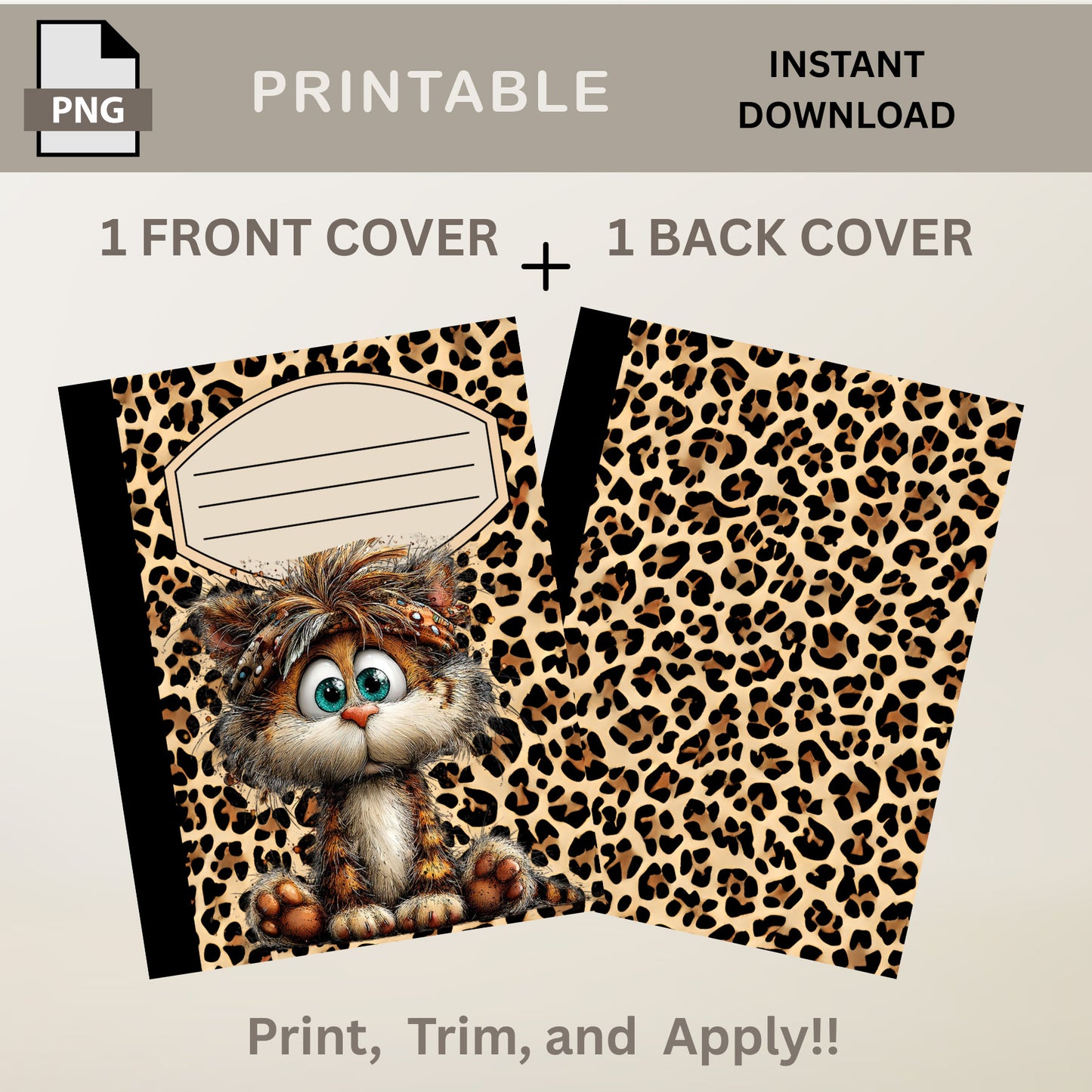 School Composition Notebook Custom Whimsical Leopard Cat PNG Digital File