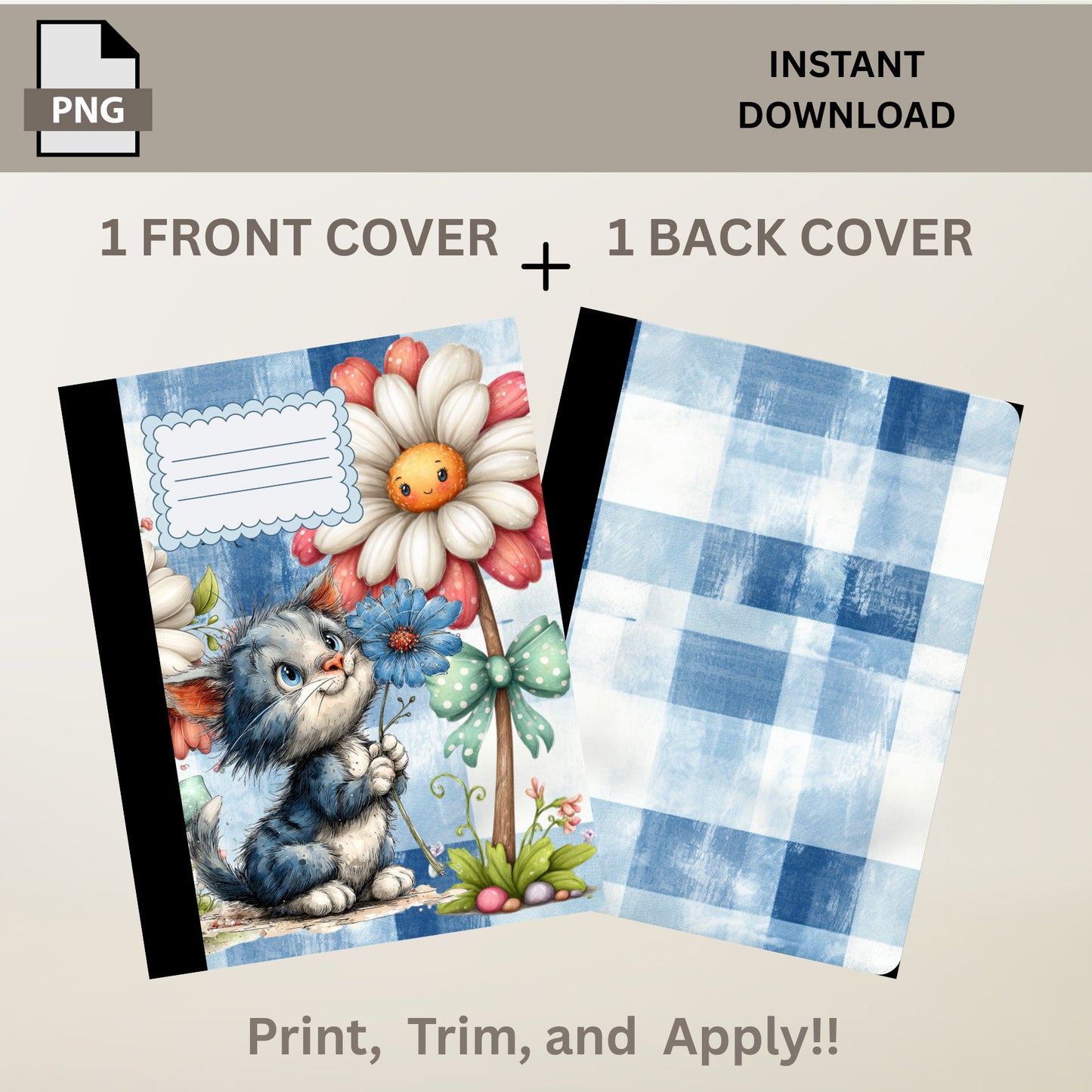 School Composition Notebook Custom Plaid Floral Kitten Digital File